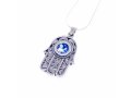 Hamsa Sterling Silver Pendant Necklace with Curving Filigree and Roman Glass