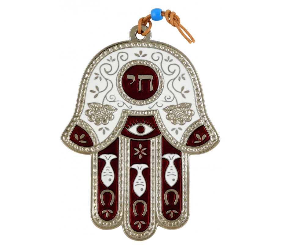 Hamsa Wall Decoration with Chai and Good Luck Symbols - Maroon