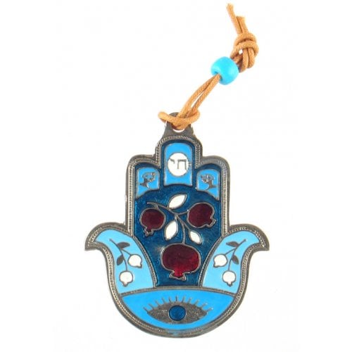 Hamsa Wall Decoration with Good Luck Symbols and Pomegranates - Blue