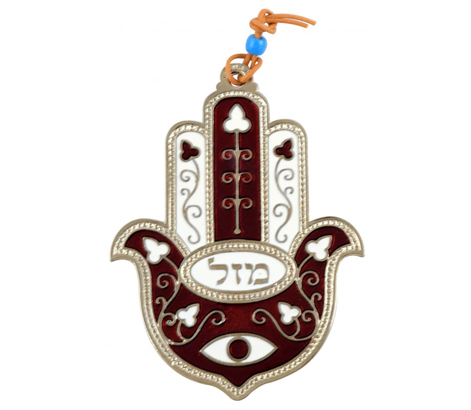 Hamsa Wall Decoration with Mazal Good Luck, Eye and Flowers - Maroon