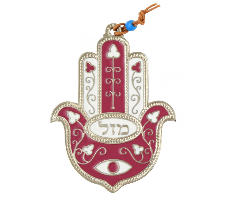 Hamsa Wall Decoration with Mazal Good Luck, Eye and Flowers - Pink