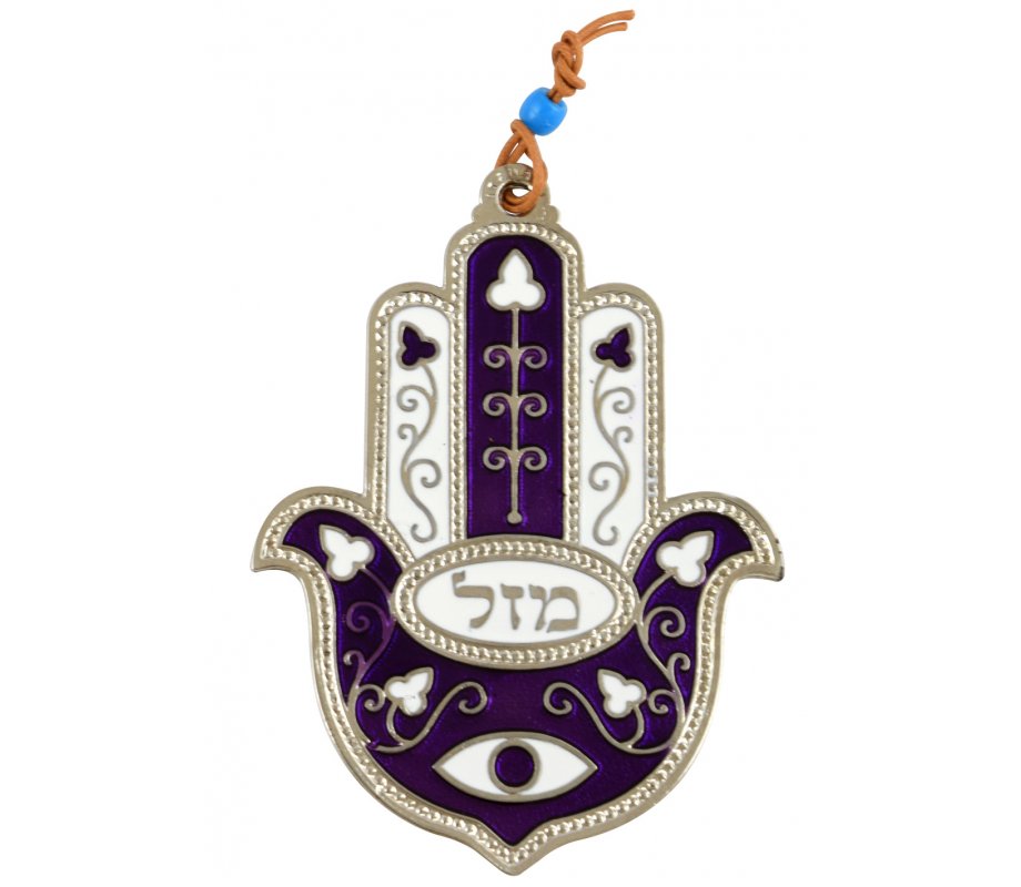 Hamsa Wall Decoration with Mazal Good Luck Eye and Flowers – Purple