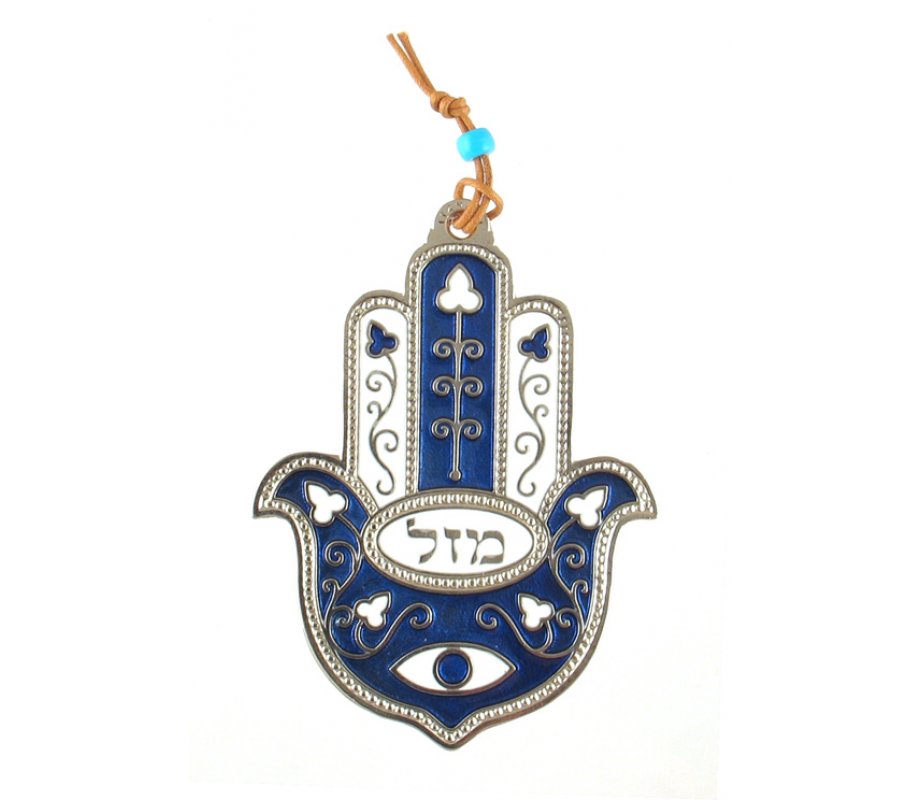 Hamsa Wall Decoration with Mazal Luck, Eye and Flowers - Blue and White