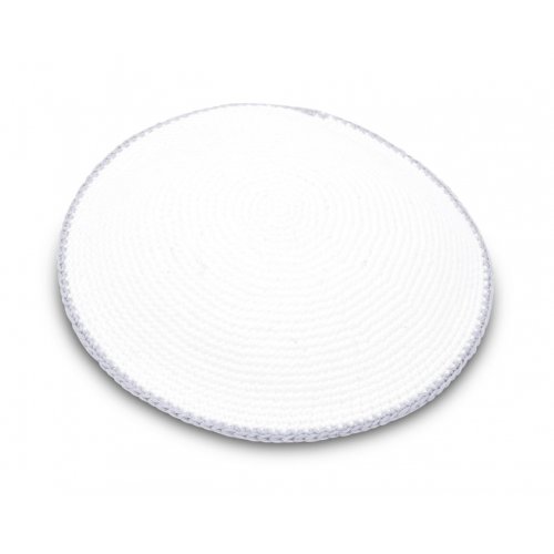 Hand Knitted Cotton Kippah - Solid White with Gray Border