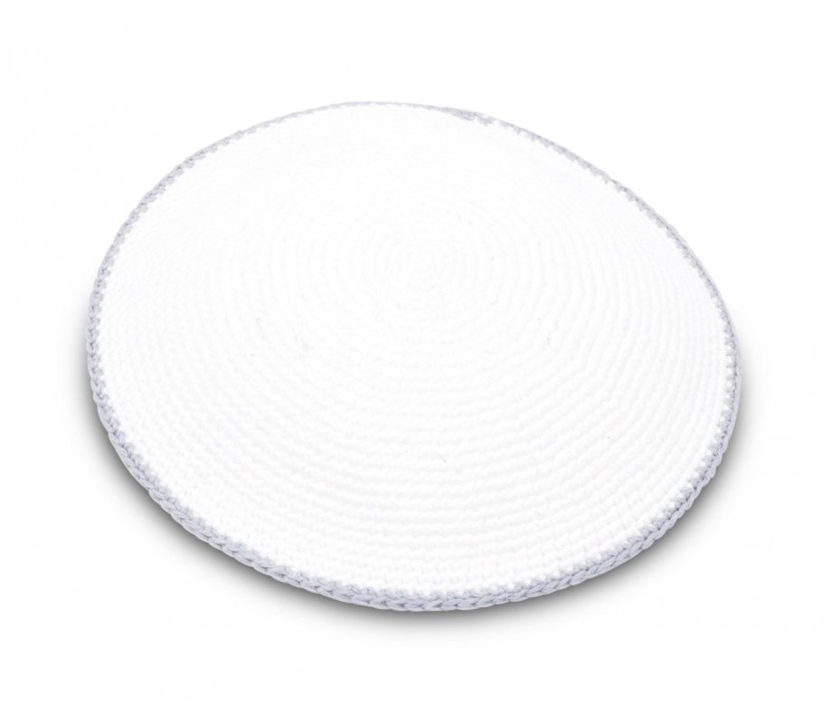 Hand Knitted Cotton Kippah - Solid White with Gray Border
