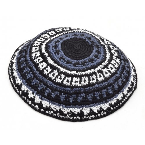 Hand Knitted Premium DMC Cotton Kippah - Blue, White and Black Design
