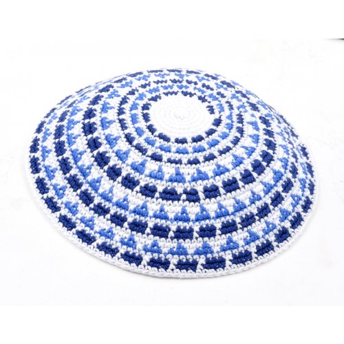 Hand Knitted Premium DMC Cotton Kippah - Geometric Blue, White and Light Blue Stripes