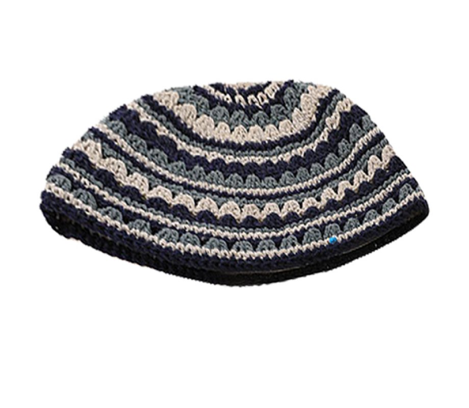 Hand Made Frik Kippah with Off White, Black and Gray Stripes