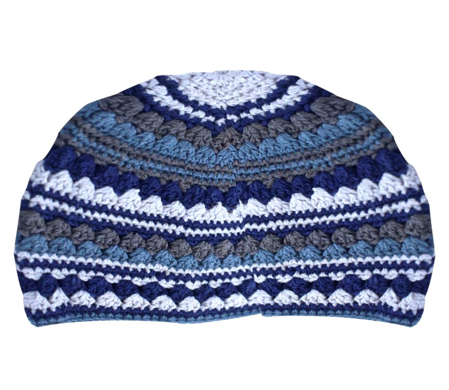 Hand Made Blue DMC Frik Kippah with White and Grey Shades