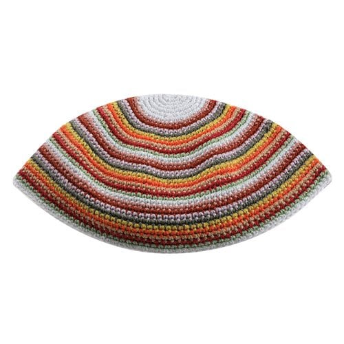Hand Made Frik Kippah with Shades of Red and Orange Stripes