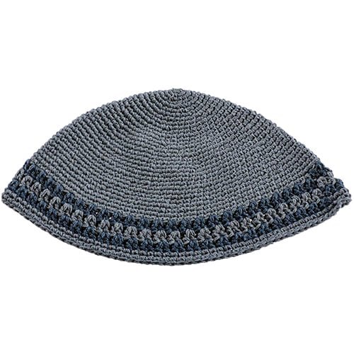 Hand Made Knitted Fabric Gray Frik Kippah with Dark Gray Decorative Border