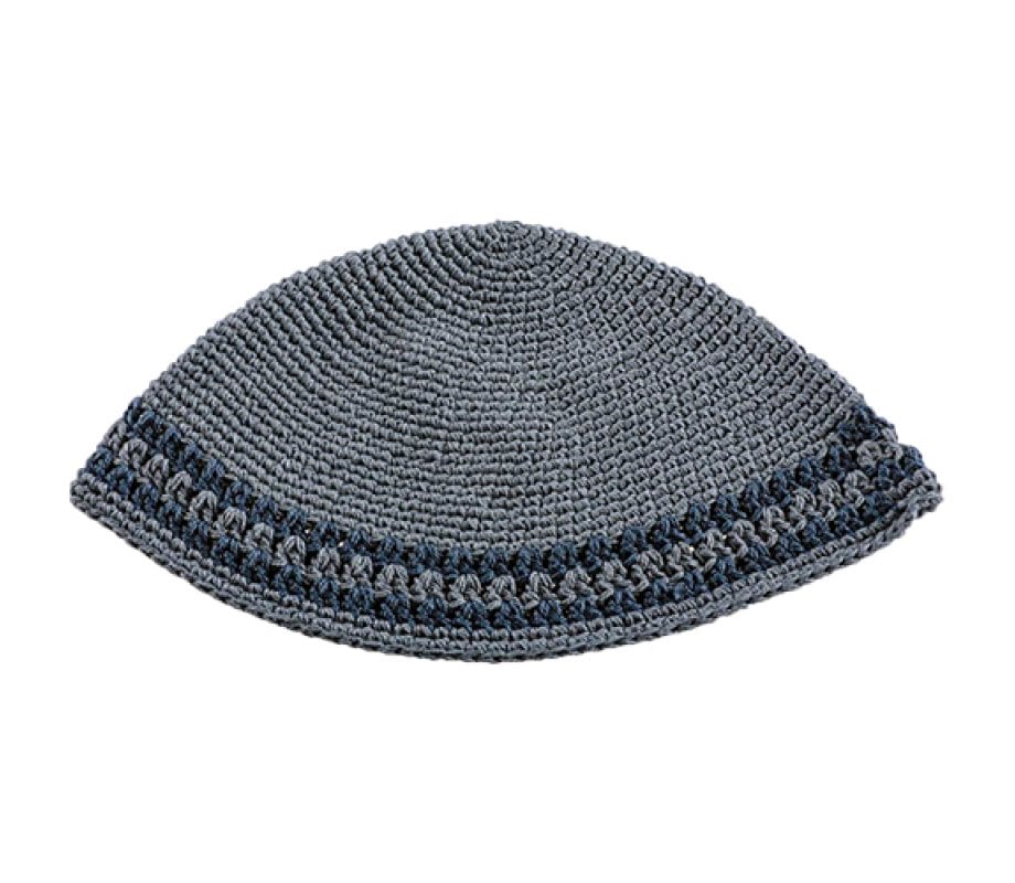 Hand Made Knitted Fabric Gray Frik Kippah with Dark Gray Decorative Border