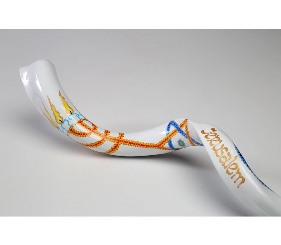 Hand Painted Yemenite Shofar with 7 Branch Menorah on White