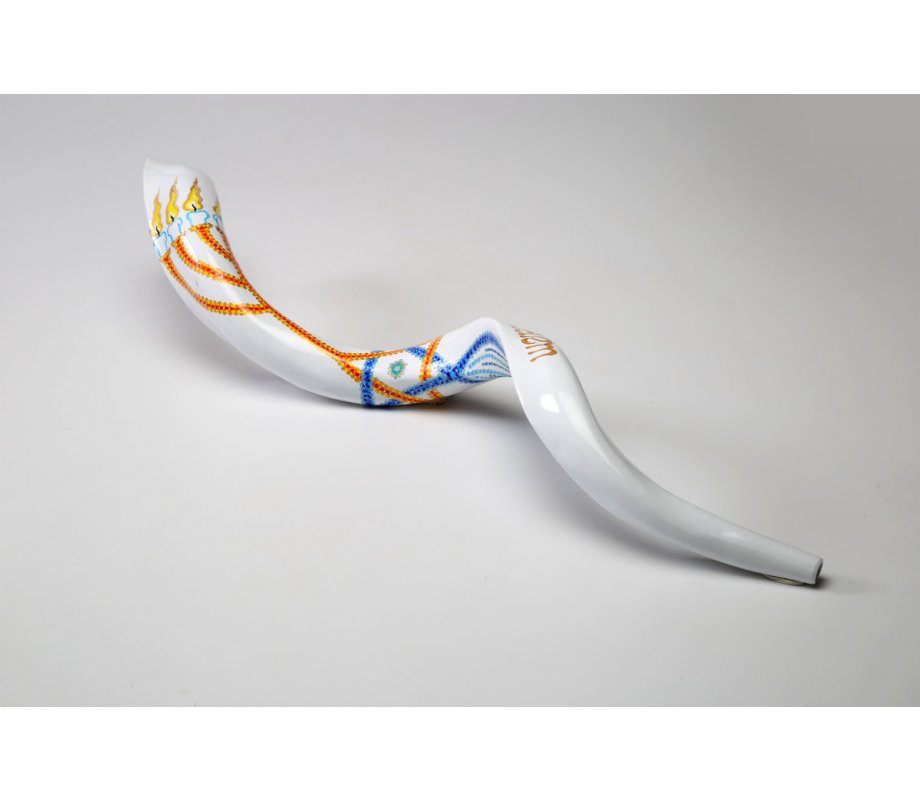 Hand Painted Yemenite Shofar with 7 Branch Menorah on White