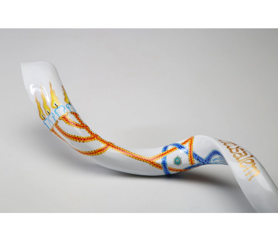 Hand Painted Yemenite Shofar with 7 Branch Menorah on White
