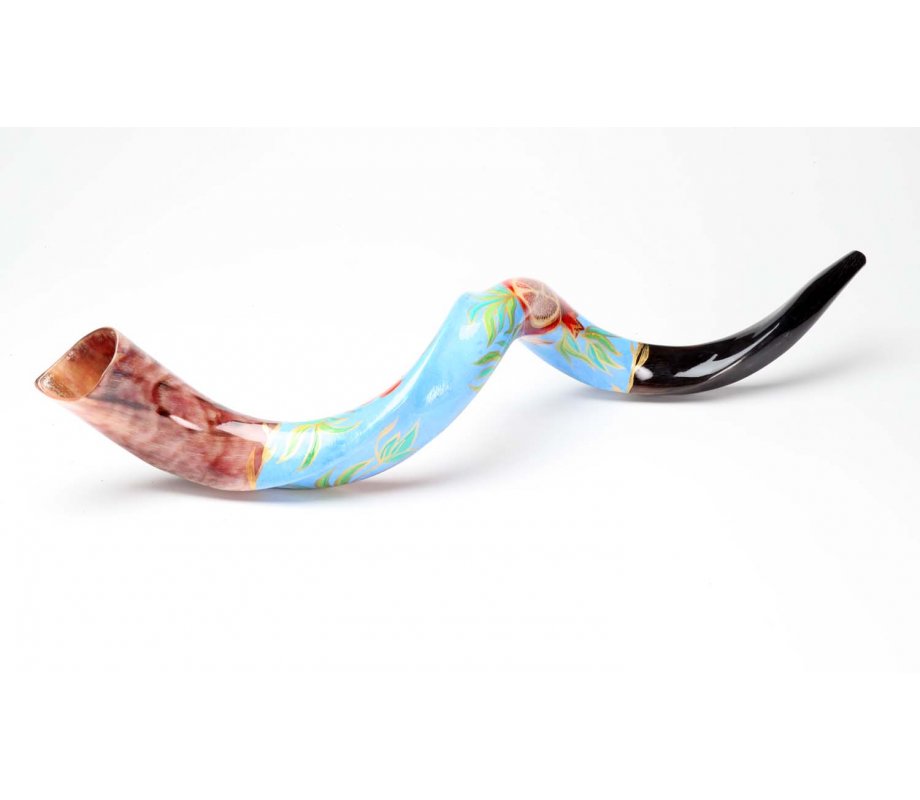 Hand Painted Yemenite Shofar with Lively Pomegranates
