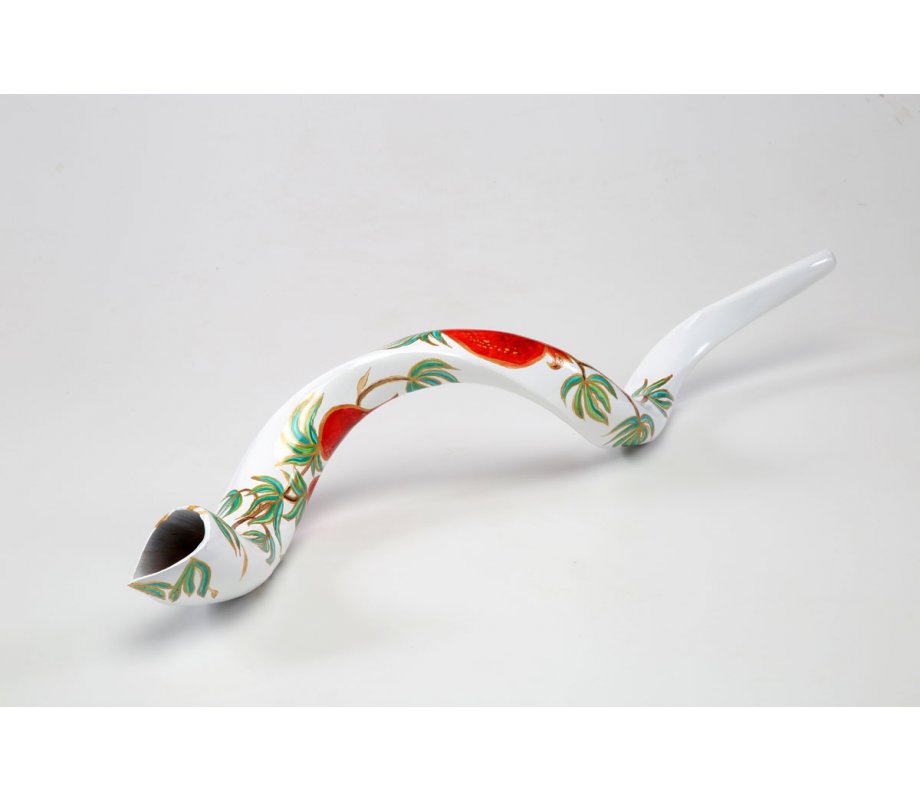 Hand Painted Yemenite Shofar with Pomegranates on White