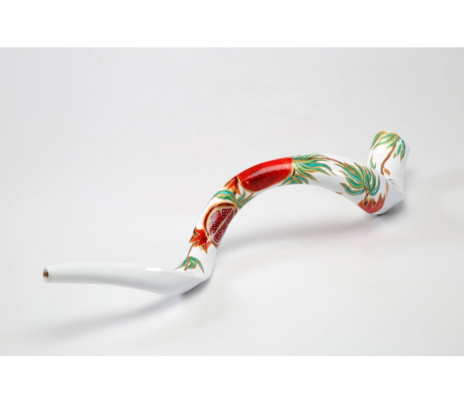 Hand Painted Yemenite Shofar with Pomegranates on White