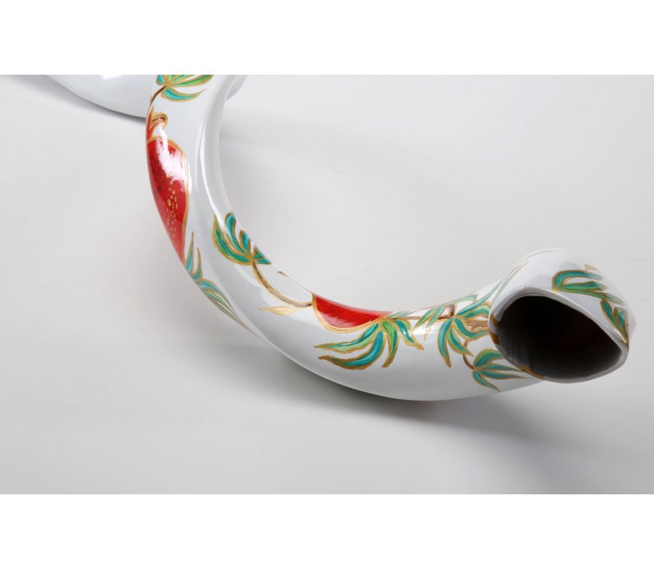 Hand Painted Yemenite Shofar with Pomegranates on White
