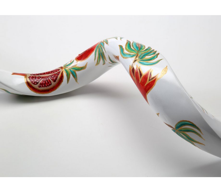 Hand Painted Yemenite Shofar with Pomegranates on White