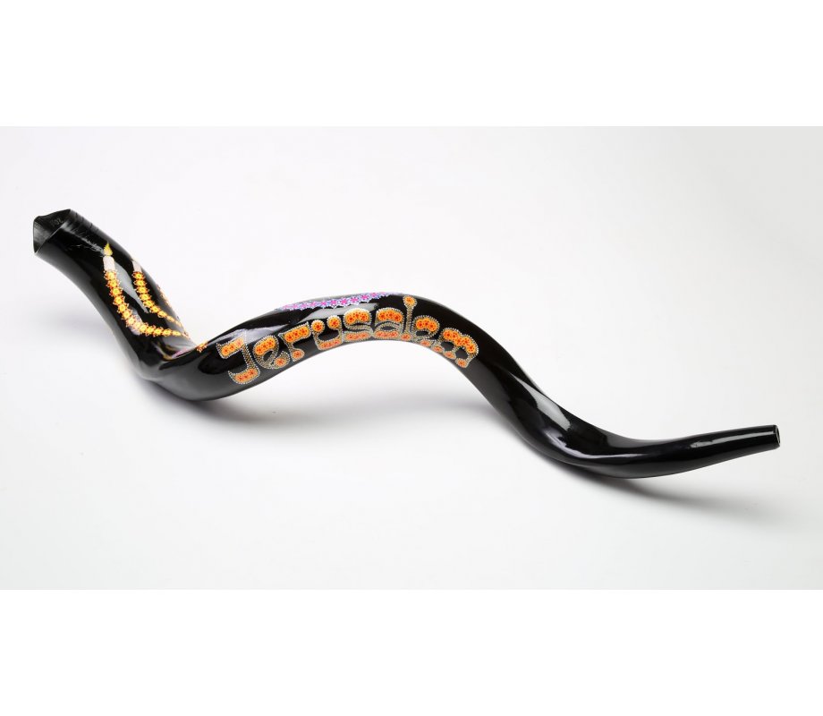 Hand Painted Yemenite Shofar with Star, Menorah and Jerusalem