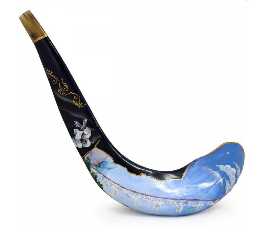 Hand Painted in Israel Rams Horn Shofar - Blue Jacobs Ladder with Gold Elements