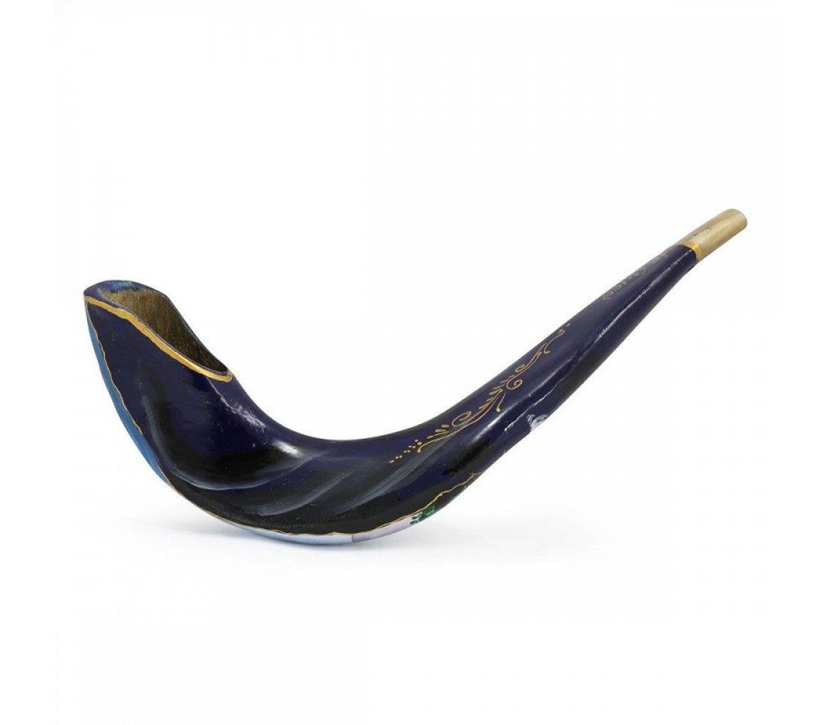 Hand Painted in Israel Rams Horn Shofar - Blue Jacobs Ladder with Gold Elements