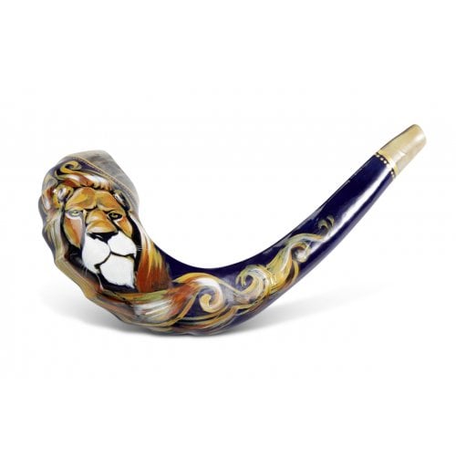 Hand Painted in Israel on a Rams Horn Shofar - Lion of Judah with Gold Tints