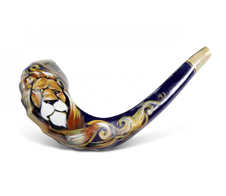 Hand Painted in Israel on a Rams Horn Shofar - Lion of Judah with Gold Tints