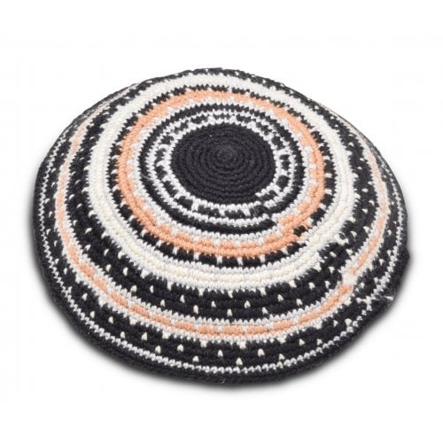 Hand knitted Cotton DMC Kippah with White, Peach and Brown Circular Stripes