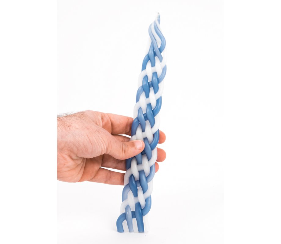Handmade Paraffin Wax Braided Havdalah Candle - Blue and White