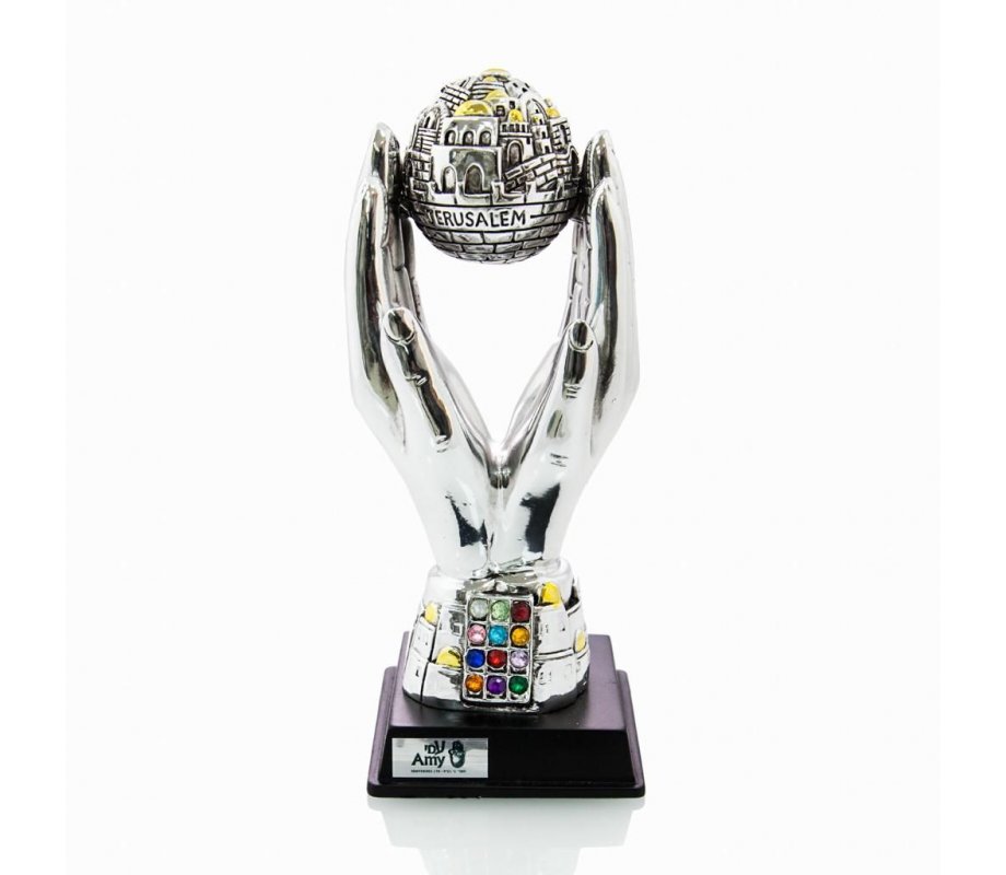 Hands Holding Jerusalem Globe on Wood Base - Silver Plate with Gold Accents