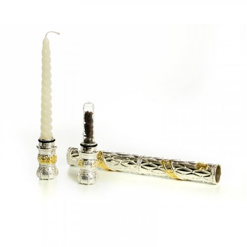 Havdalah Two-in-One Wand, Spice Box and Candle Holder - Silver Plated with Gold