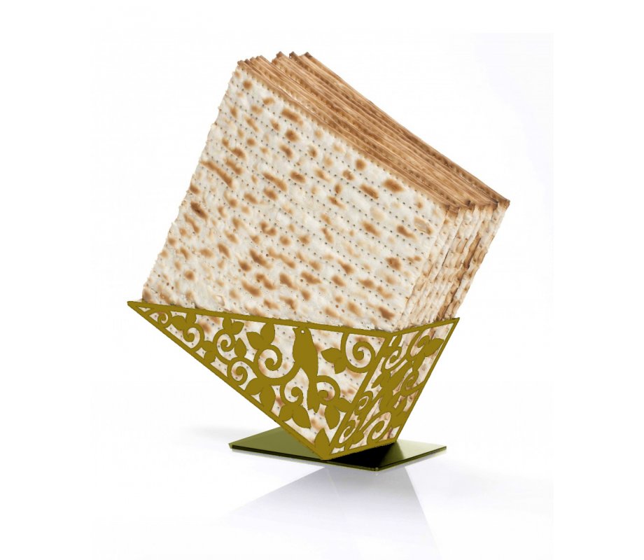 Iris Design Decorative Gold Matzah Holder on Diagonal - Cut out Bird with Leaves
