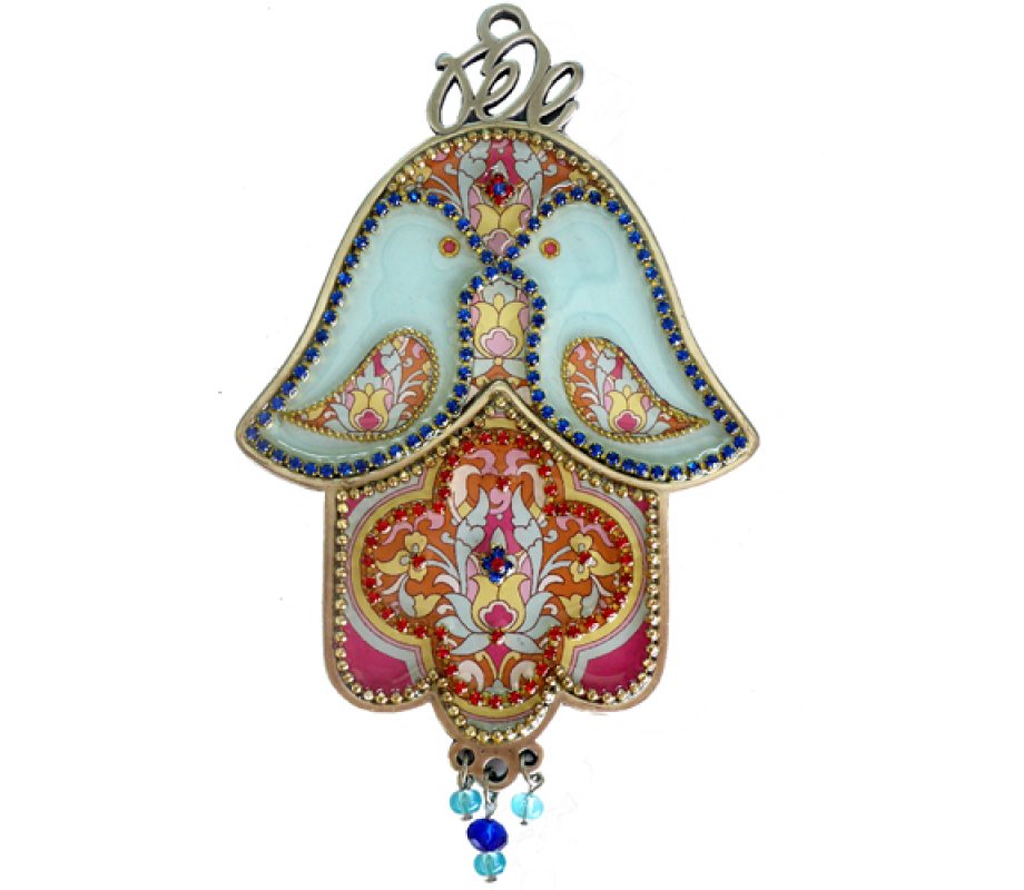 Iris Design, Dove of Peace Hamsa Wall Plaque - Turquoise and Pink Oriental Design