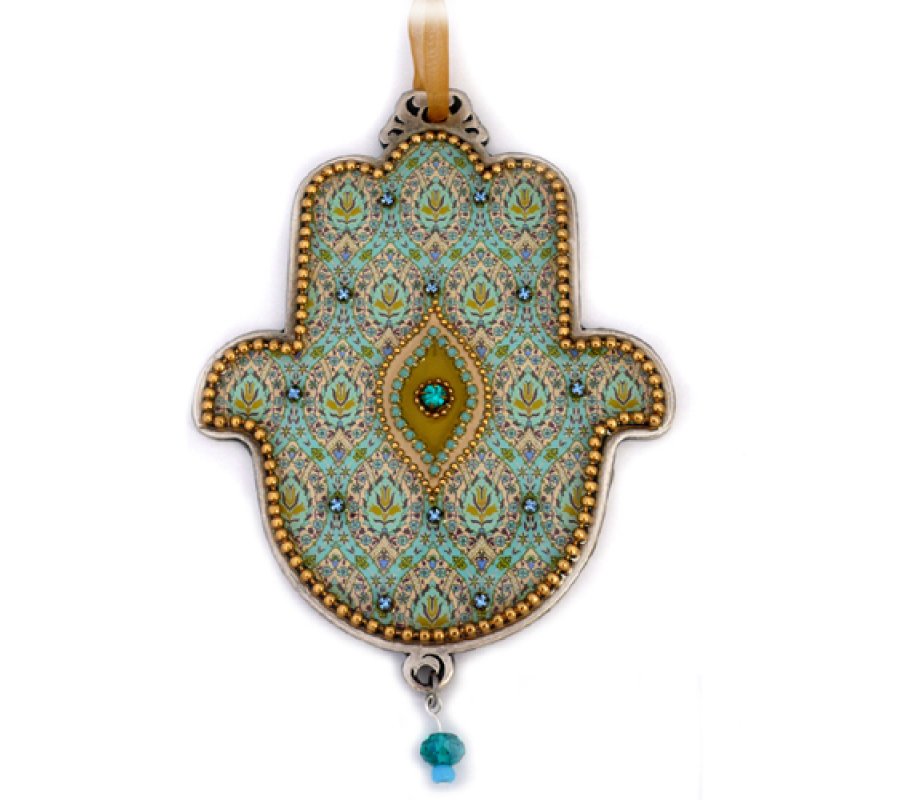 Iris Design, Hamsa Wall Plaque - Turquoise Floral Design with Protective Eye