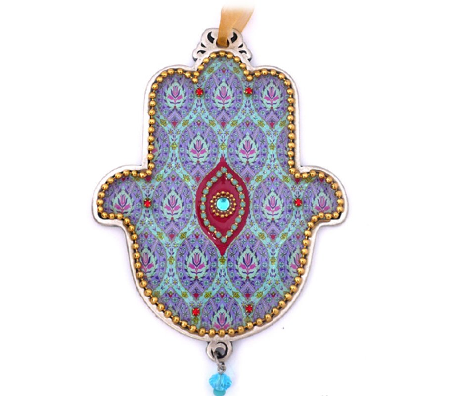 Iris Design Hamsa Wall Plaque, Beaded Floral Theme with Protective Eye - Violet