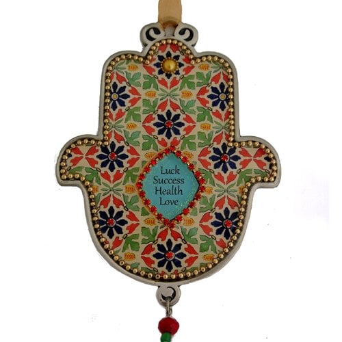 Iris Design Hamsa Wall Plaque, Beaded Flowers with Blessing Words - English