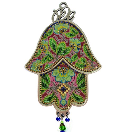 Iris Design Hamsa Wall Plaque, Green and Pink Foliage with Gold Protective Eye