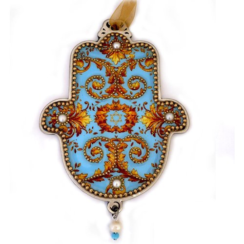 Iris Design Hamsa Wall Plaque, Turquoise and Gold Swirls with Star of David