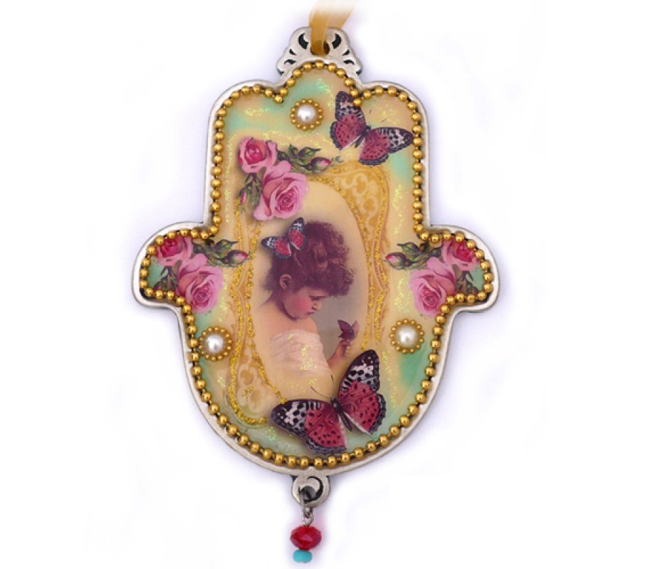 Iris Design Hamsa Wall Plaque, Young Girl with Beaded Roses and Butterflies