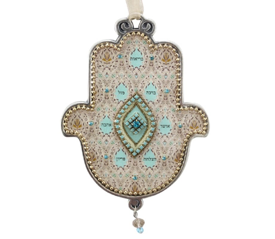 Iris Design, Hamsa Wall Plaque with Blessing Words in Hebrew - Turquoise