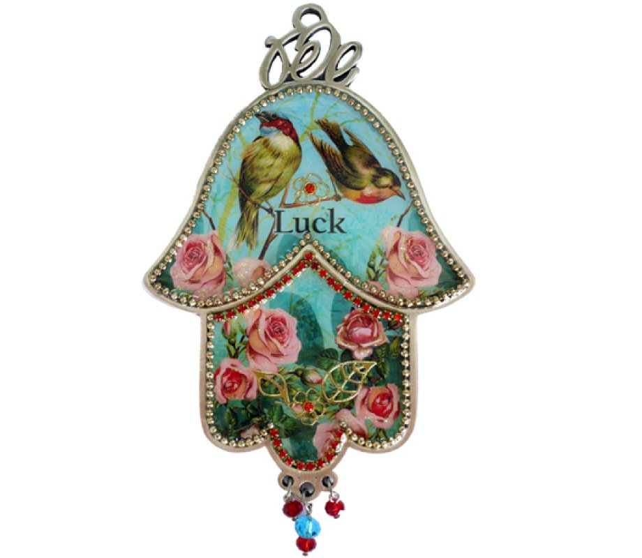 Iris Design Hamsa Wall Plaque with Songbirds and Pink Roses and