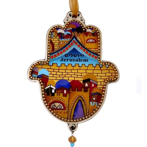 Iris Design Hand Painted Hamsa Wall Plaque, Colorful Jerusalem Images