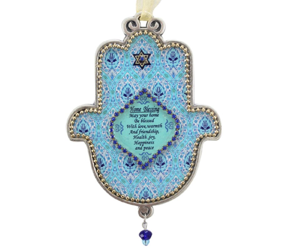 Iris Design Hand Painted Hamsa Wall Plaque, English Home Blessing - Turquoise