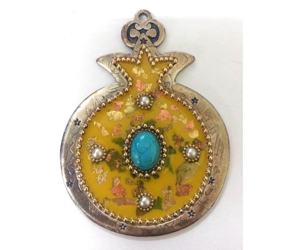 Iris Design Hand Painted Pomegranate Wall Hanging, Pewter and Enamel with Beads