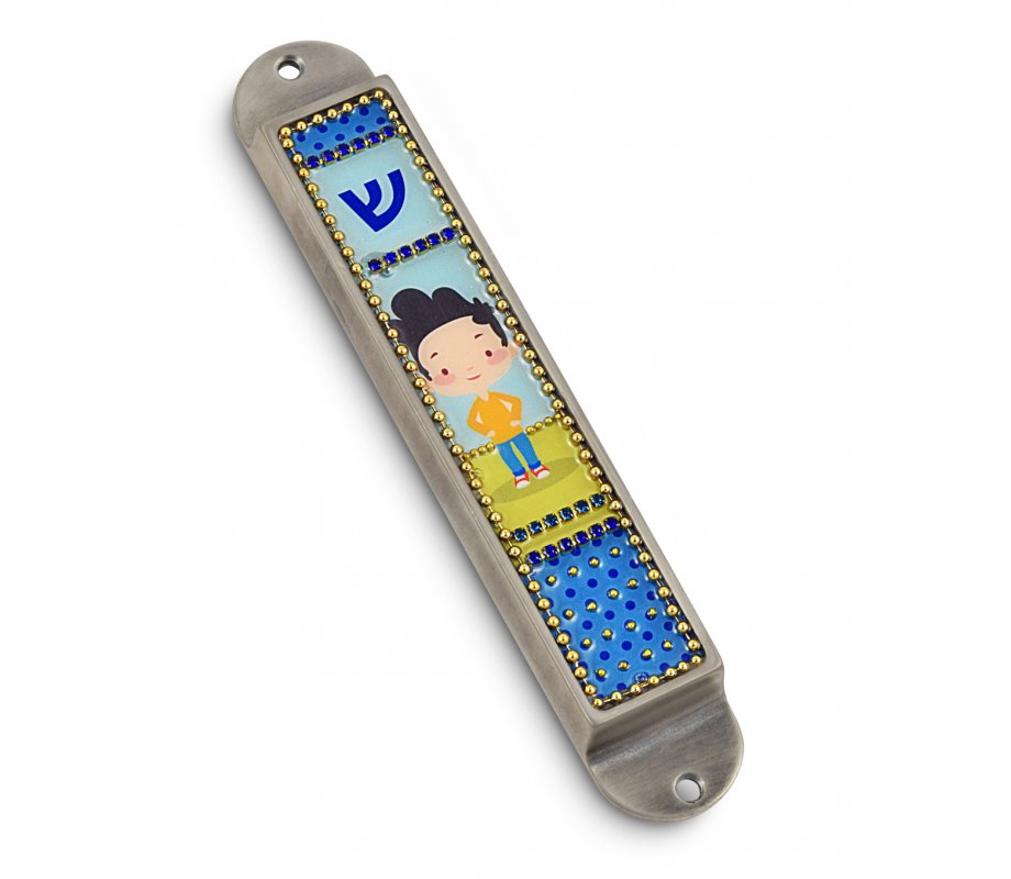 Iris Design Handcrafted Pewter & Enamel Beaded Kids Mezuzah Case - Young Boy