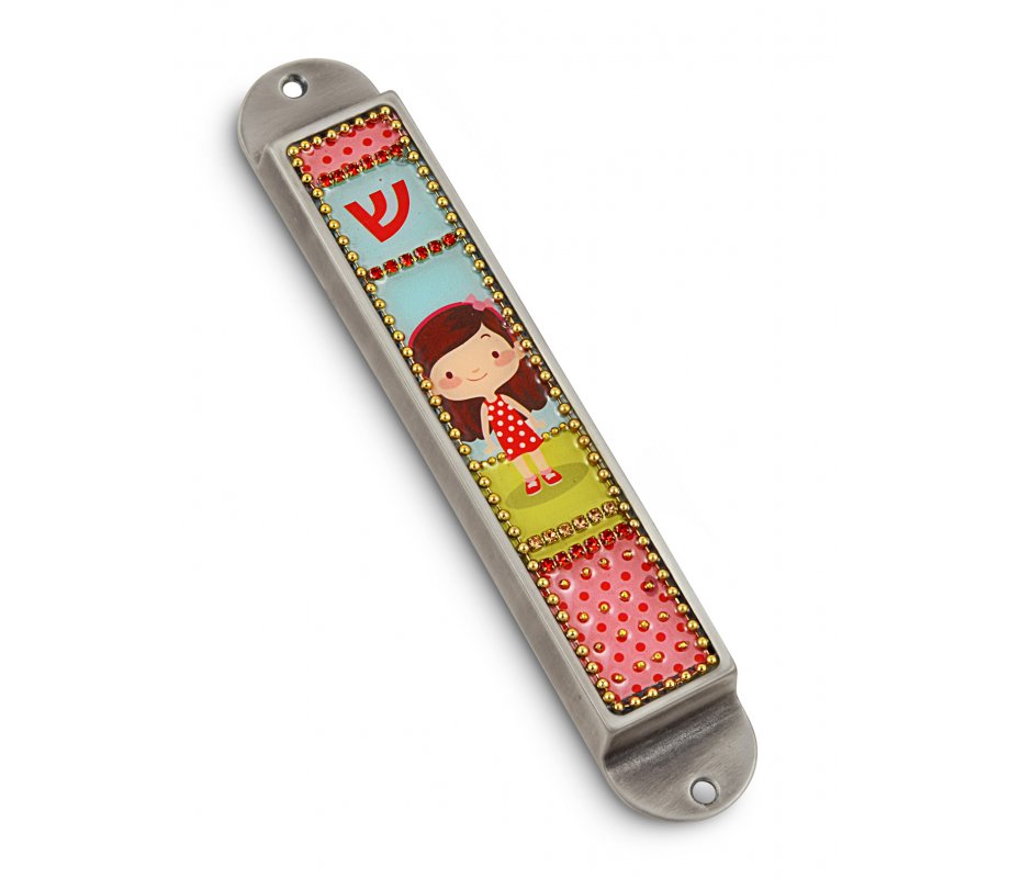 Iris Design Handcrafted Pewter & Enamel Beaded Kids Mezuzah Case - Young Girl