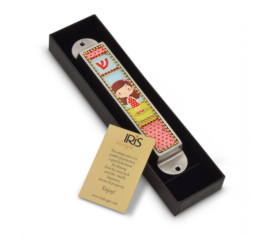 Iris Design Handcrafted Pewter & Enamel Beaded Kids Mezuzah Case - Young Girl