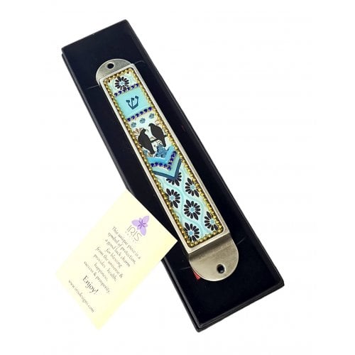 Iris Design Handcrafted Pewter & Enamel Beaded Light Blue Mezuzah Case - Love Birds